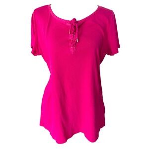 Ralph Lauren Womens XL Pink Lace Up Neck Short Sleeve Cotton Top Shirt Preppy